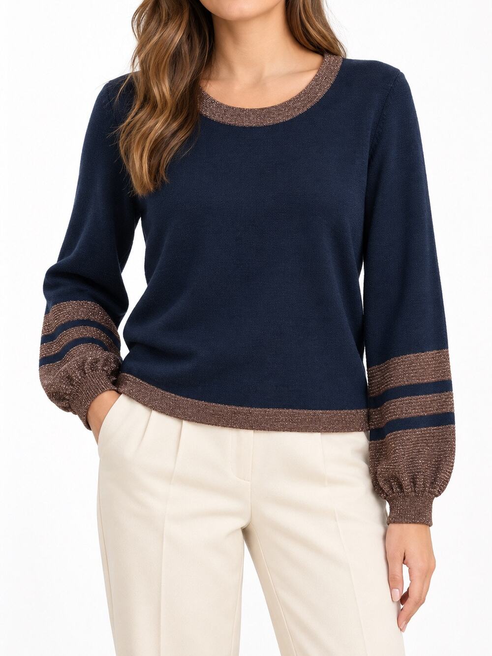 Boden Navy Wool Blend Metallic Balloon Sleeve Sweater Sz 14 Classic Preppy